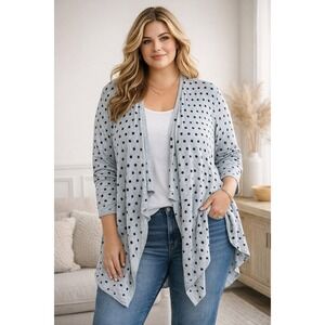 Lane Bryant Polka Dot Open Front Waterfall Cardigan Gray Long Sleeve 14/16